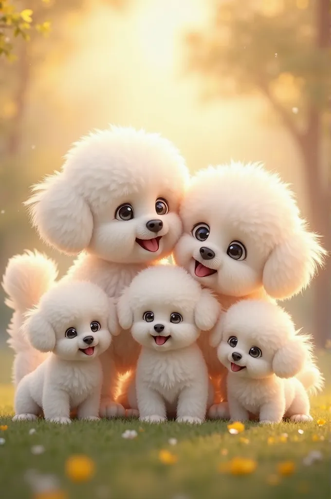 Fluffy bichon frise white dogs with 5 family