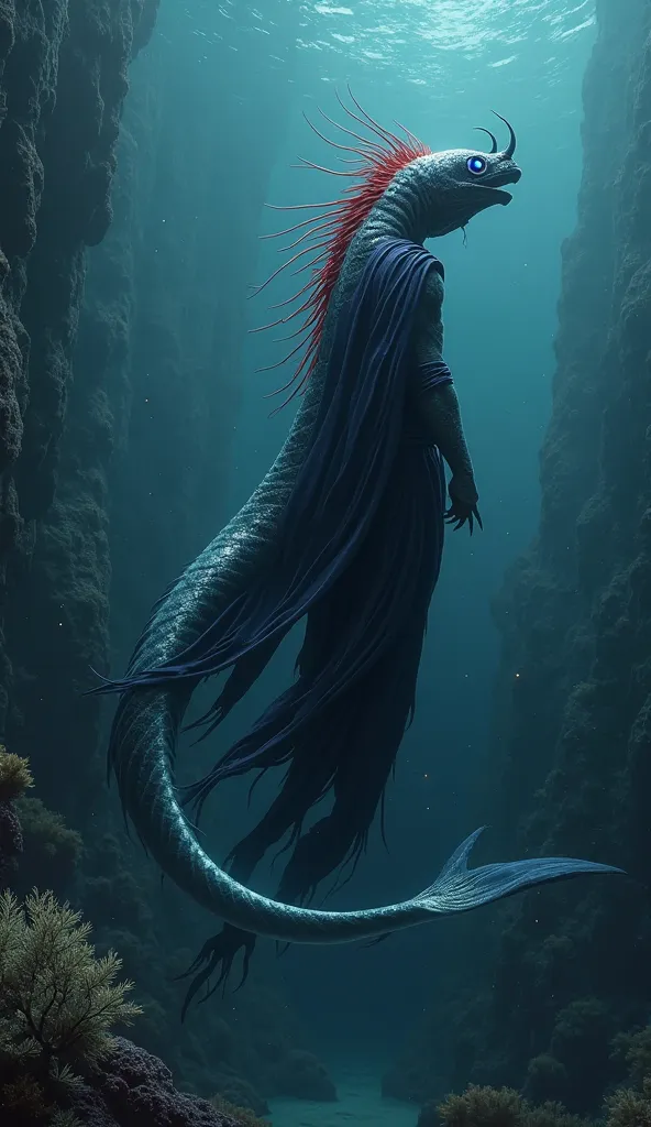 A massive, otherworldly oarfish glides through the abyss, its long, ribbon-like body adorned in a sleek, dark navy ninja robe that flows seamlessly with the water. Its silver scales shimmer faintly in the dim light, reflecting an eerie glow as it moves. A ...