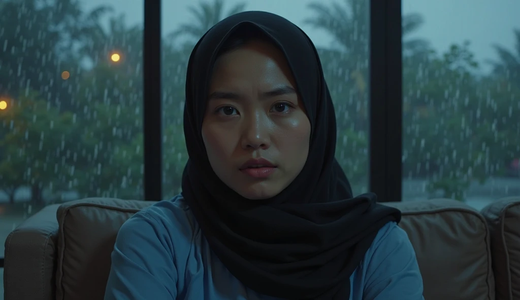 a beautiful 25-year-old Indonesian woman wearing a black hijab and a blue shirt is crying at the camera, sitting on a sofa in a minimalist house, close up, ultra realistic, HD, 4K, cinematic lighting, dramatic angle, epic atmosphere,  background , glass wi...