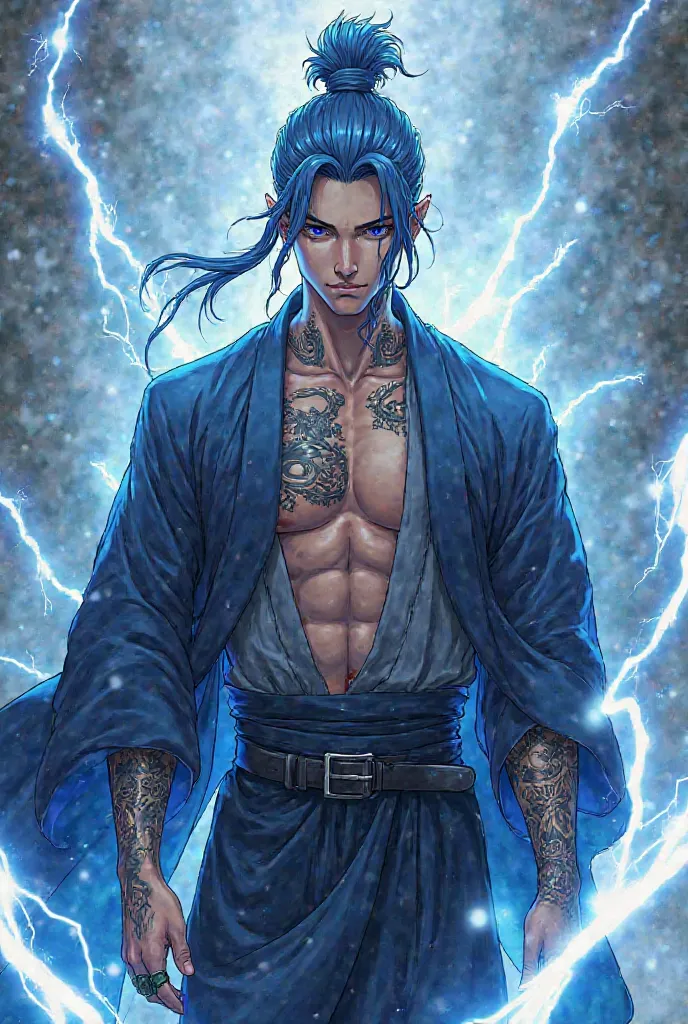 Ororo is a boy of about 27 years tall 1.75 long blue hair tied up lilac eyes. Beautiful sexy toned and defined physique has many tattoos on his body he always wears a kimono. 
He has the ability to control electricity and wind. 
It belongs to the world of ...