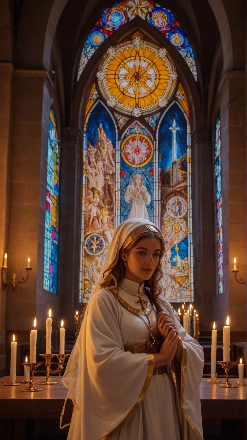 
"A breathtaking priestess stands in an old, venerable church with high ceilings and ornate stained glass windows, through which soft light falls. She has a sensual, but elegant appearance and carries a detailed, figure-hugging priestess robe with gold dec...