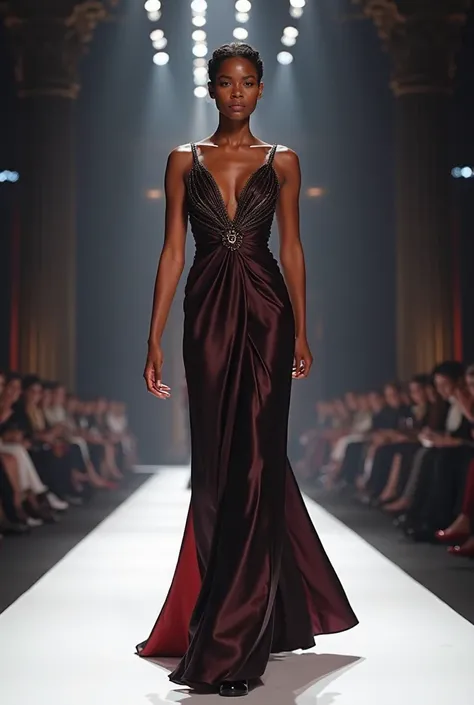 Miss catwalking on the big stage ( dark black and red mix evening gown,white blanket, brown skin , short hair, strong look)