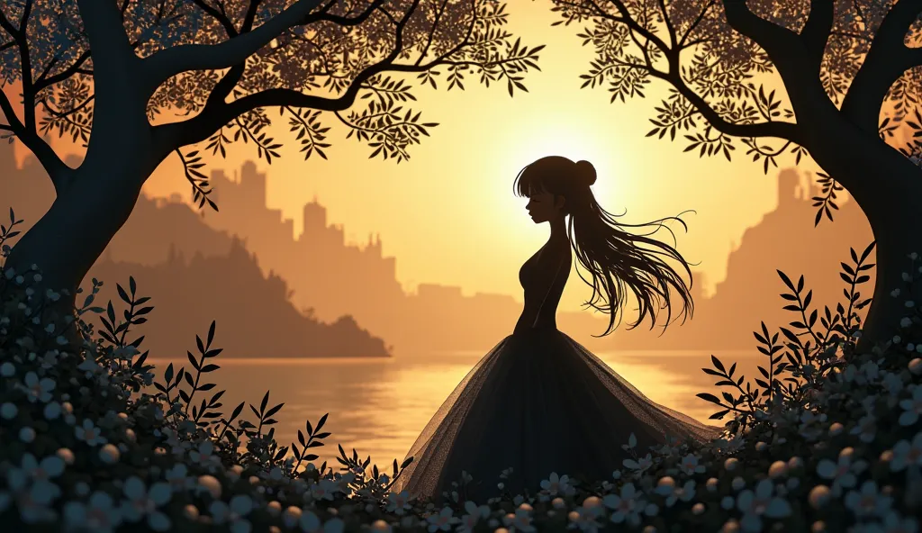 (Silhouette Art,Anime Beauty) (((paper craft,A world where only black exists:1.3)background、A warm, gentle light with a fantastic golden color