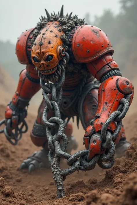 The cutting chain for trencher shows a powerful metal chain, which is set with milling teeth, that cuts into the earth in all directions. The chain is held by a strong, shiny red, mechanical arm held, that looks like an armband for the target monster. The ...