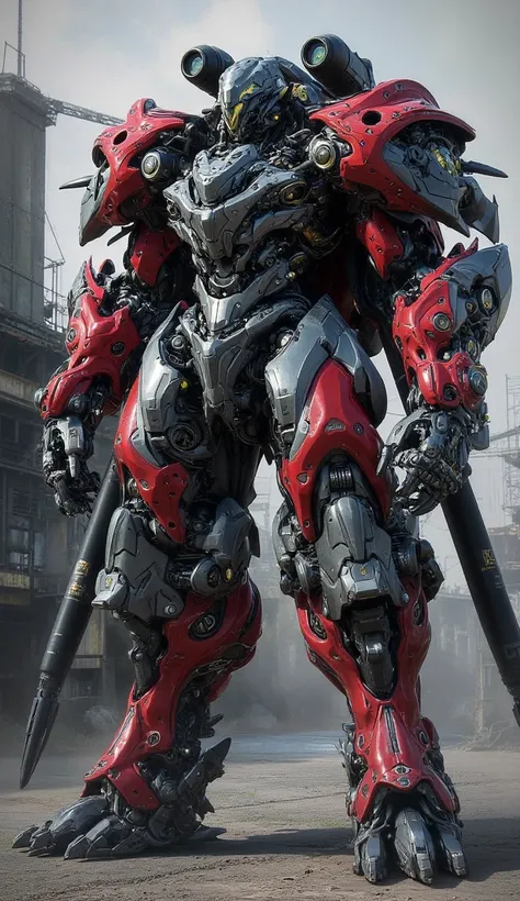 The big-bodied giant robot with giant gear-shaped arms and cannons on his shoulder, maintaining red and gray like the truck.