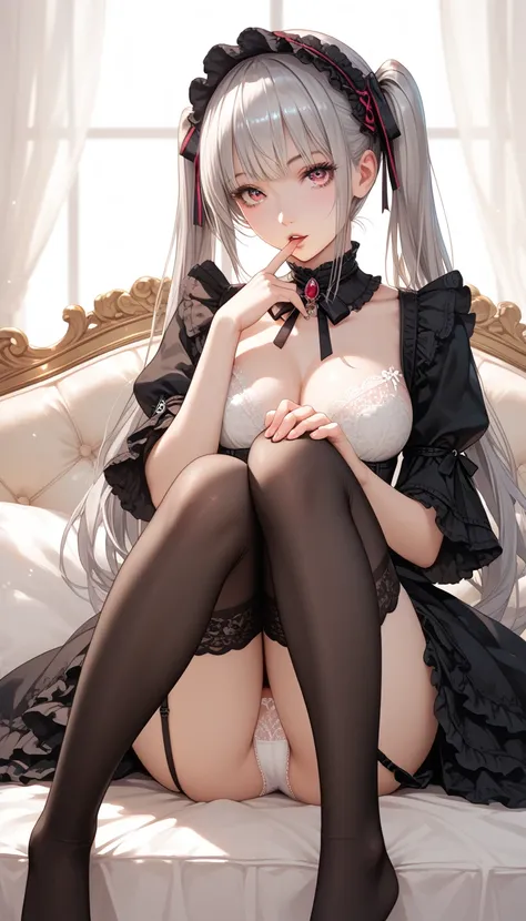 best quality, absurdres, わきDownを見せない, Down, no background, becomes transparent when you look at it {x}, PE, front view, cowboy shot, perfect and beautiful face, beautiful breasts,  Read more, slim, silver long twintails, gothic lolita, (white lace thong), ...