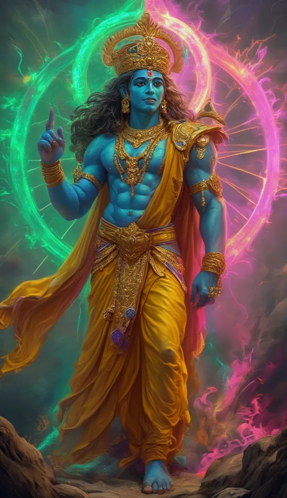 extremely beautiful portrait of Lord Vishnu as the king of universe (blue skinned, yellow attire, golden jewellery, golden crown) , pointing his right index finger (index finger)) upwards (upwards) , behind him is a huge round wheel shaped divine discus(ch...