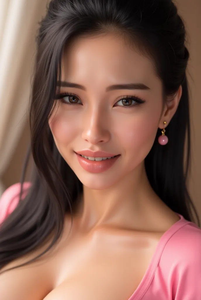  masterpiece,  close up symmetrical portrai, slut face, attractive sexy of pretty girl ,Glossy makeup,  perfect style , Pink earrings,  Sexy ,  ultra HD resolution, UHD images, 