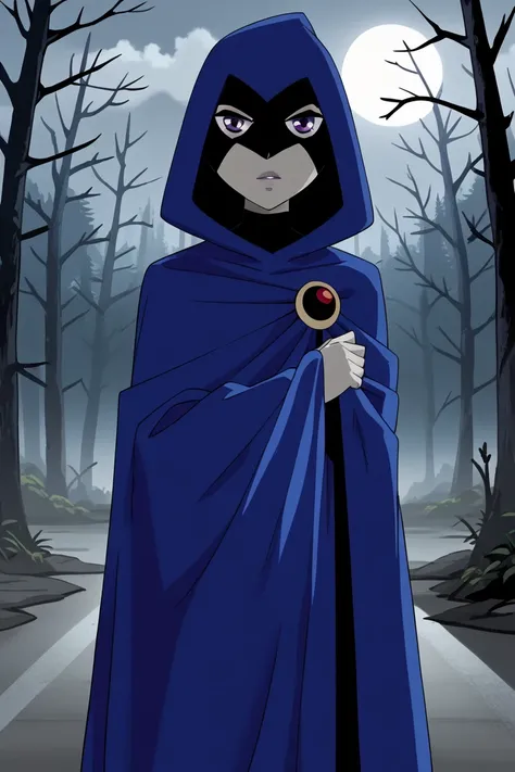 1girl, solo, raven (dc), purple eyes,  purple hair, grey skin, forehead jewel, blue cape covering whole body, long blue cape, cape reaches the ground, standing, night, fog, forest, city, hood covered head, Looking at viewer, High Resolution, Best Quality, ...