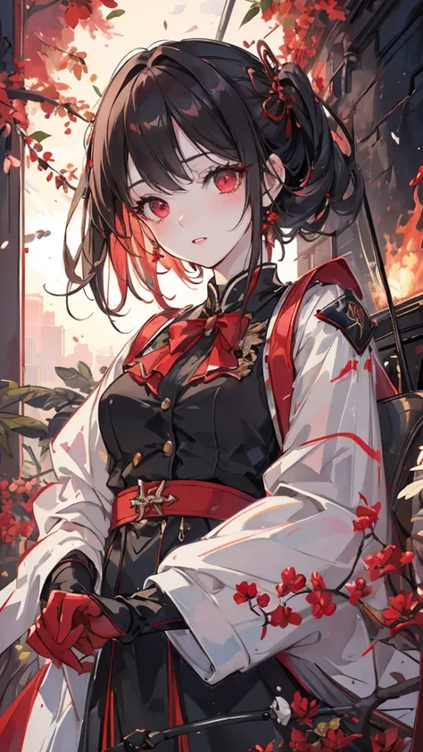 (Best Quality, Vivid Colors:1.2),Red Rocker Doll,Vibrant Red Eyes,Black military uniform and red windbreaker, Red Gloves ,Fighting chicken，Emitting Flaming Armor