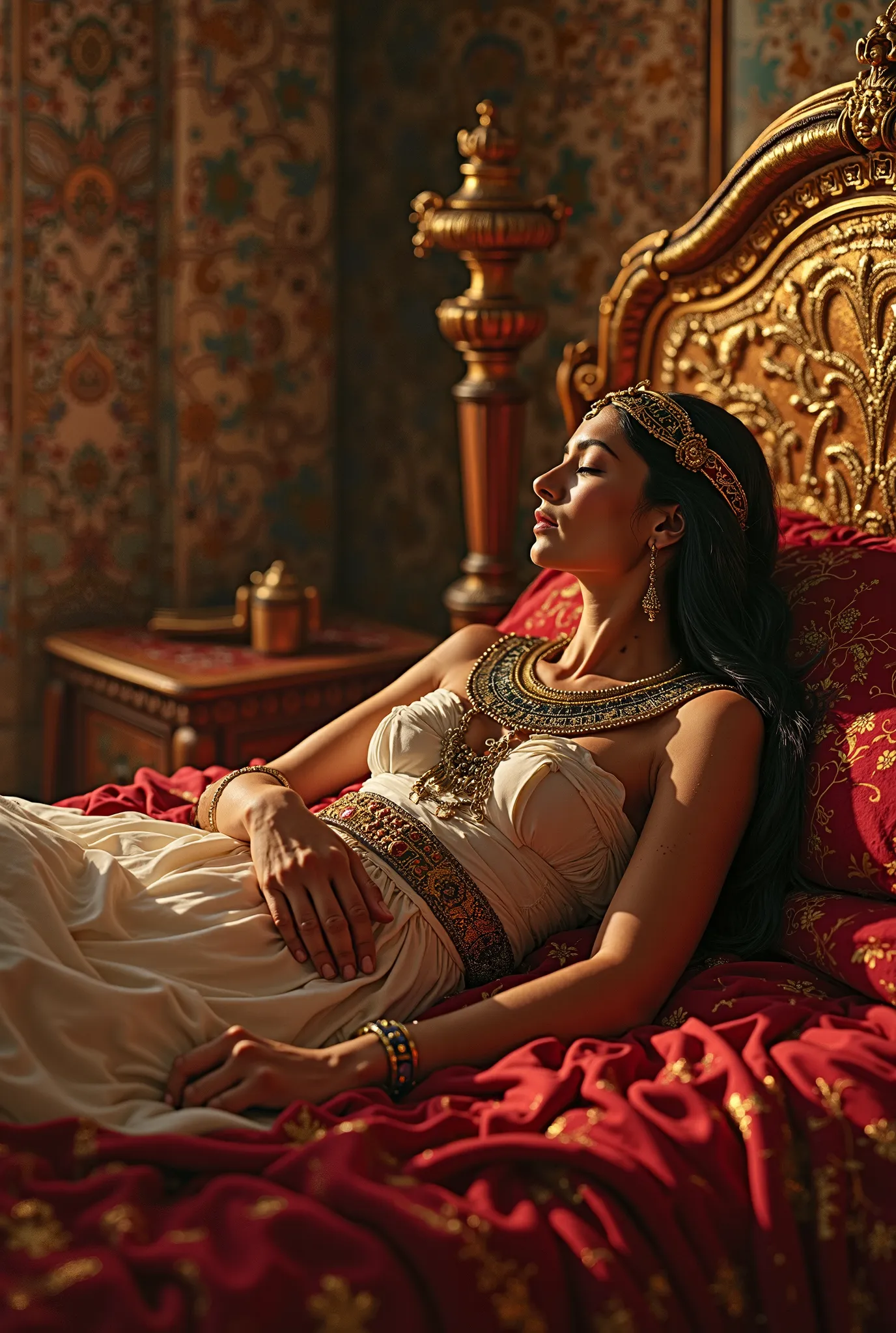 alone in her sumptuous rooms, Cleopatra reclined on a bed adorned with crimson silks and gold embroidery that reflected the magnificence of her reign. On the bed, a dazzling mosaic represented Ra, the sun god, emanating a soft and warm light, as if she ble...