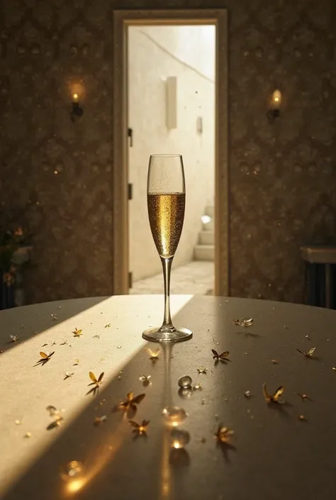 Instead of a simple table, the champagne glass floats mid-air, held by an unseen force. The bubbles escape not upward but sideways, turning into tiny golden moths that flutter toward an invisible light. The shadows of absent figures stretch and twist unnat...