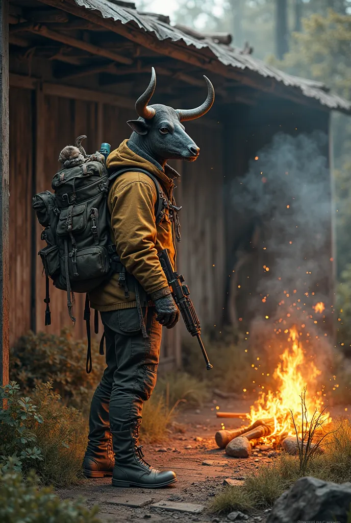 A post-apocalyptic survivor representing the sign of Taurus. He is in a safe shelter, surrounded by walls reinforced with wood and metal. He wears sturdy clothes and has a backpack full of supplies. He is sitting near a bonfire, holding a gun for protectio...