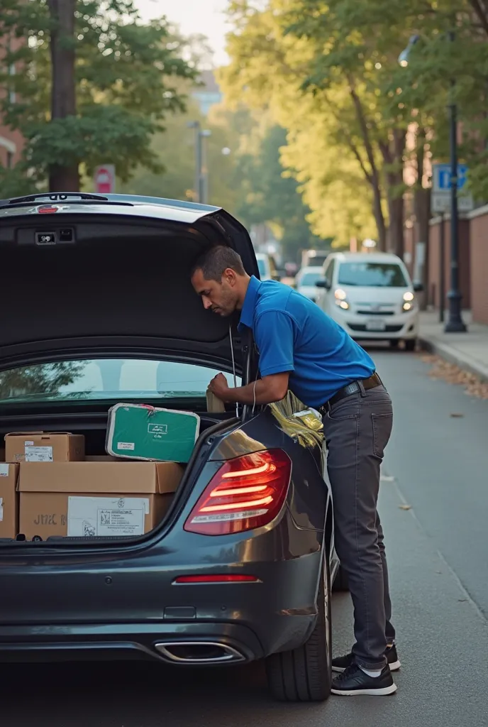 **Prompt:**

Generate a detailed scene description based on the following elements: 

1. **Subject**: A man unloading boxes from a car.
2. **Action**: The man is actively removing boxes intended for delivery to the post office.
3. **Appearance**: The man i...