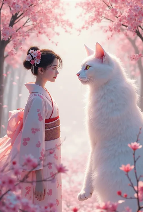 A serene scene featuring a young woman in a traditional Japanese kimono, standing gracefully among blooming cherry blossom trees. She has an expression of wonder as she gazes at a majestic, ethereal white cat with strikingly vivid eyes that appear to spark...