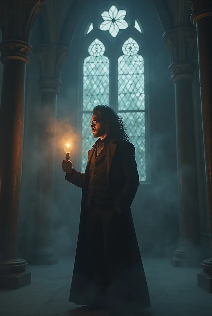 Long hair with beard and glasses with a lamp in a foggy and dark chilly church wearing a fancy spanish suit