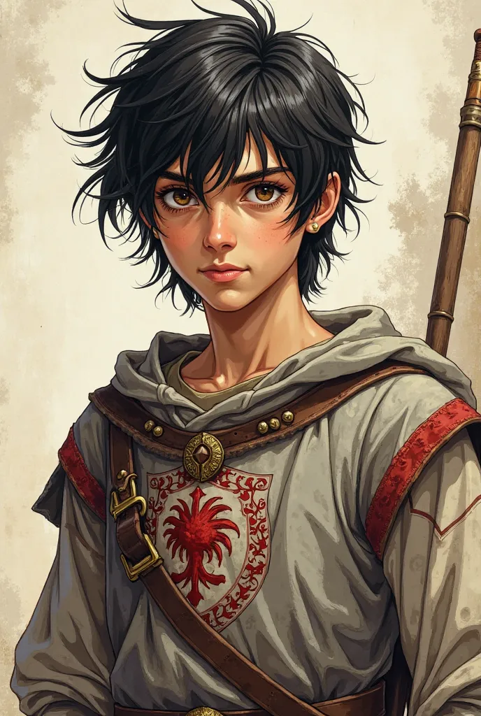 A realistic medieval fantasy portrait of a 20 year old boy. He's thin. He has large, scared brown eyes, long, shoulder-length black hair that is wavy and always messy, and a more protruding nose. He wears a noble linen tunic in gray colors with red details...