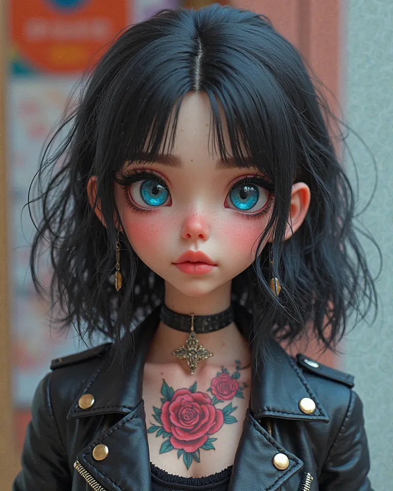 3D Images。hairstyle is semi-longのシルバー色で、flashy cute girl。hairstyle is semi-long。Eye color is sky blue、 false lashes。 perfect remake、Clothes are leather jumpers and 、rose tattoo  