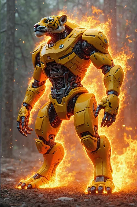 The yellow tiger robot, standing upright, with the flames engulfed, seen inside there was a machine.