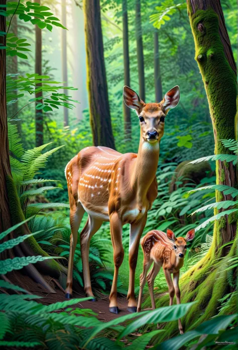 
1. In a dense forest, a deer lived with her beloved fawn, teaching him about the dangers of the forest and how to protect himself.