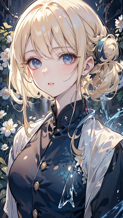  Blonde Girl , Fine eyes, and pale skin, Black Military Uniform +Navy blue windbreaker. Her body revolves around blue electrical whirls .  A group of electric eels made of water flies around her.