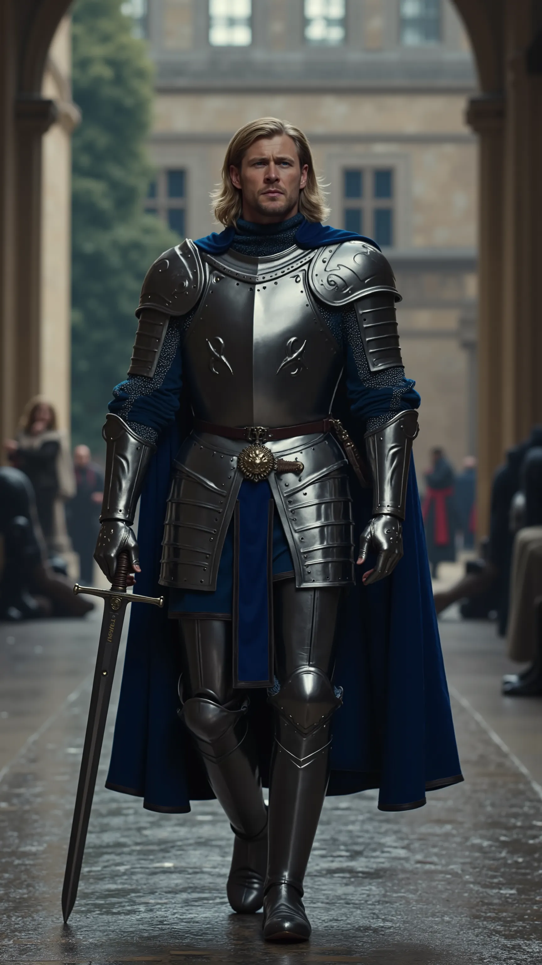 Chris Hemsworth reimagined as a knight walking and carrying a longsword､dramatic atmosphere, 1 male､ 
He has blue eyes. His golden-blonde hair is swept back, framing his sharp jawline. 

He wears a finely crafted suit of polished steel armor with intricate...