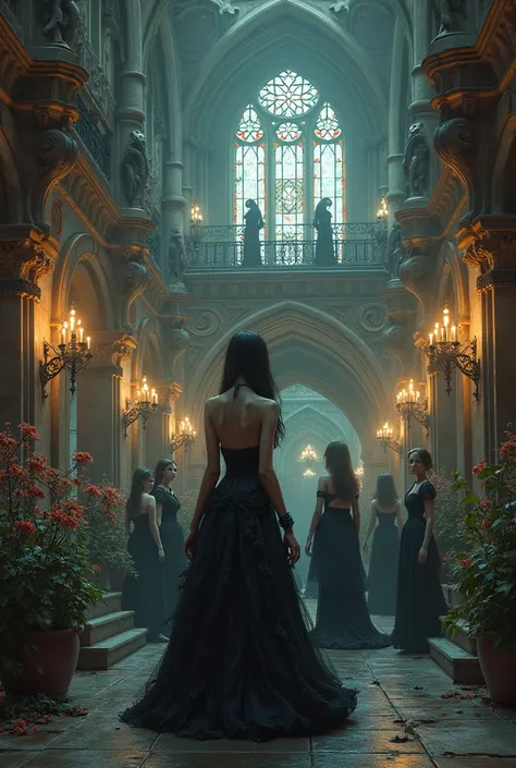 A gothic atrium with gothic girls in it