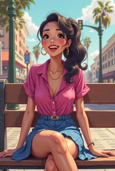 Tip: A very lovely  beautiful Asian American woman being happy alone on a bench in Downtown San Diego in the sun..The illustration is a high definition illustration with 4k resolution., with highly detailed facial features and cartoon style visuals, fuchsi...