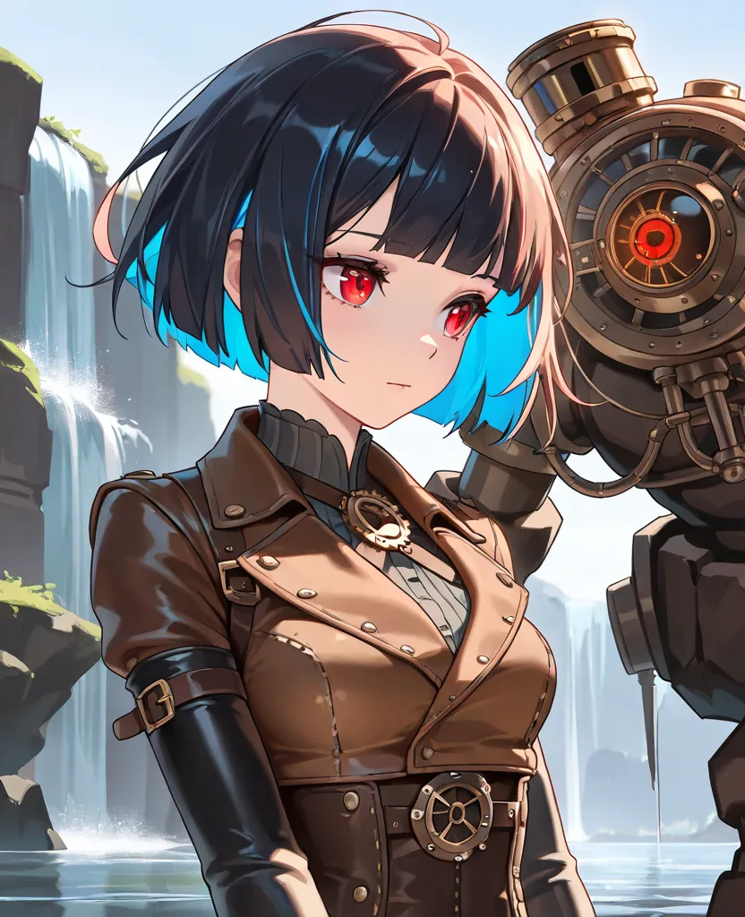 1monster(golem, 1eye, red_eye, steampunk, middle_tight, looking_girl, No_head), 1girl(multicolored_hair, black_two-tone_hair, black_hair, blue_hair, blue_inner_hair, bob_cut, brown_steampunk-jacket, red_eyes, black_steampunk-sleeve, black_steampunk-pants, ...