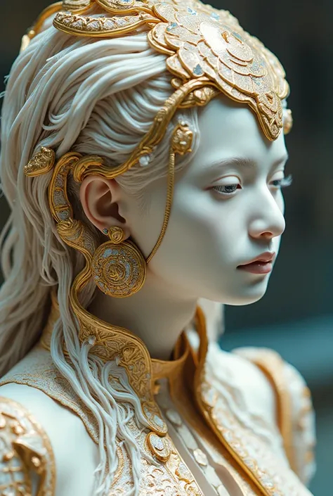 (Surface Focus, Clear facial features), Intricate 3D rendering of a beautiful and attractive biomechanical female porcelain figure, (((With porcelain finish))), simulation, Beautiful natural light, Rim Light, 150mm lens, an Aztec warrior, feature, earlobe ...