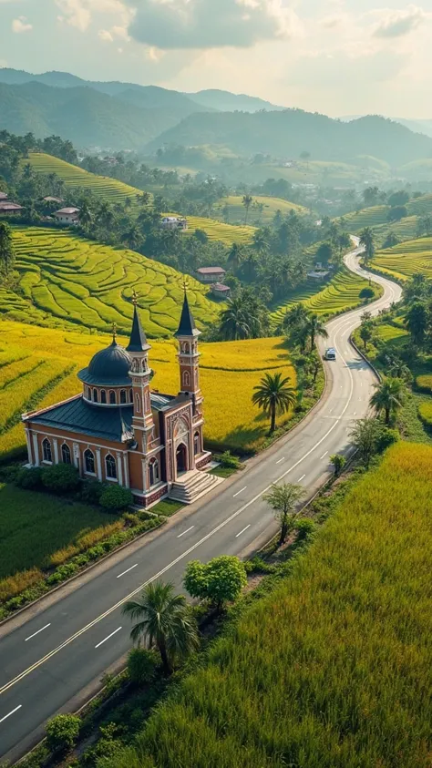 A small mosque on the side of the highway,indonesia,yellow green rice field, village , rural background ,4K,indonesia