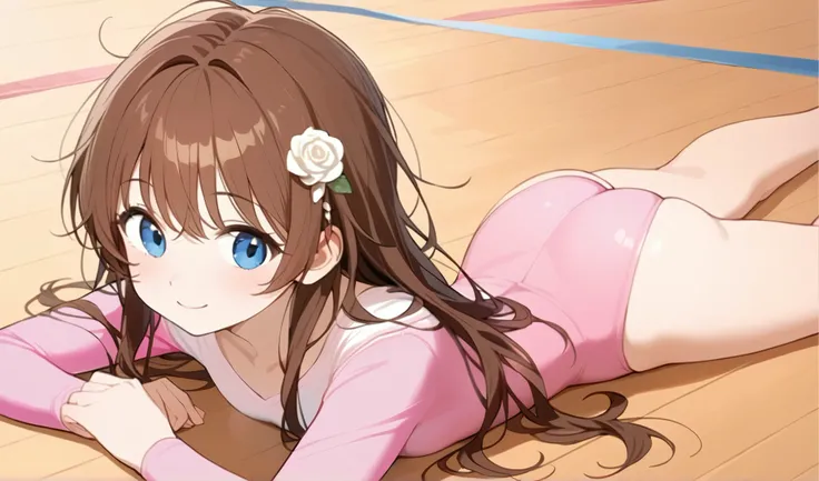 an anime cartoon  girl on a floor a long hair style, 1girl, athletic leotard, solo, leotard, long hair, messy hair, dark brown hair
, white rose hair ornament, blue eyes, pink leotard, gymnastics, smile, ass, prone, on stomach