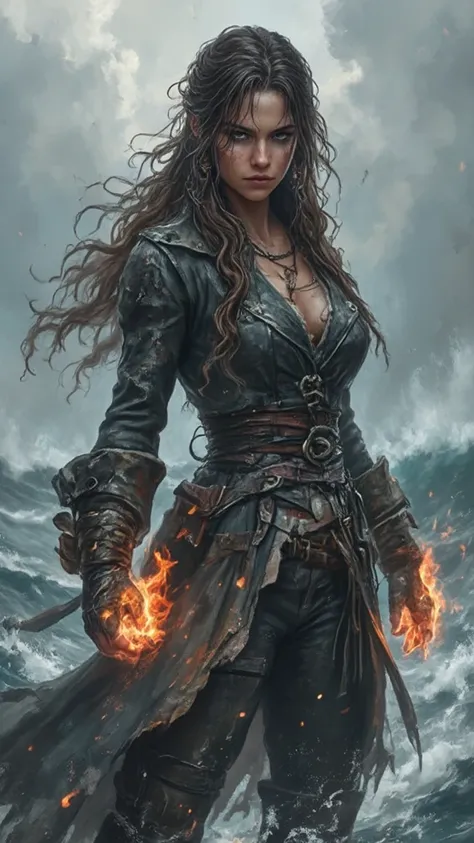 A female pirate girl with brown long messy hair and dark eyes, with a grey coat and gloves with open fingers with fire on her punches