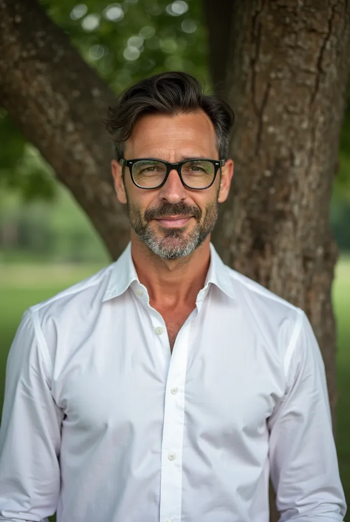 arafed man in a white shirt and glasses standing in front of a tree, a picture by Gerard Houckgeest, shutterstock, figuration libre, vincent maréchal, alain beneteau, richard pearce, thierry rouzier, stephen outram, thierry doizon, philippe dru, andreas m ...