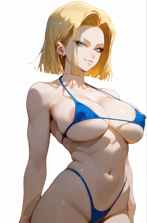 1 woman, Dragon Ball characters、Android 18、masterpiece, Highest quality, Great image quality, very aesthetic,  super precise、Big Breasts、micro bikini、big areolas、 tiny bikinis、simple background、 erect nipples、head-on view