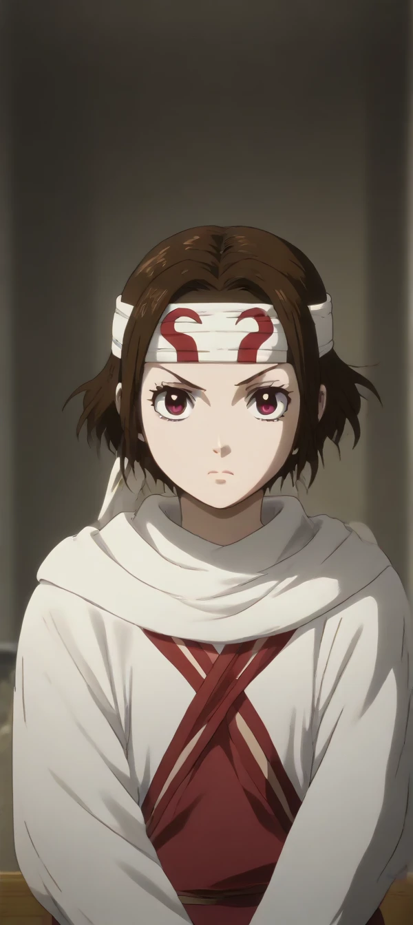 score_9, score_8_up, score_7_up, 1girl, kyoukai cowl ((((headband)))) body guard v arms   oval face  Ibara Mayaka, short hair, brown hair, red eyes