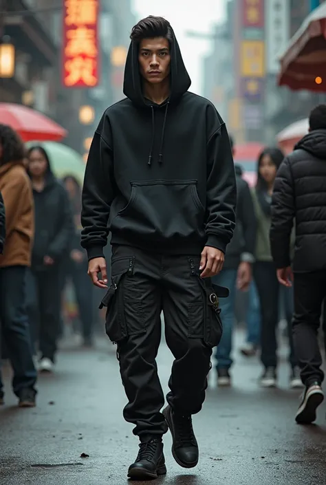 make a asian adult wearing black hoodie in crowded place and has focused onlly the adult show the full body with pocketyed cargoes and stylish shoes