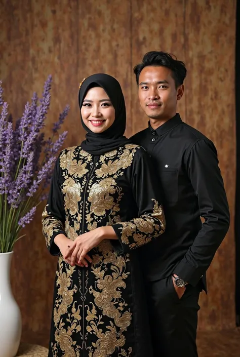 Photography studio with aesthetic look with Indonesian guy and girl face pair, shar'i model in black gold batik dress seen in front of camera with smile with graceful look with wooden begeound behind her with lavender flower vase in aesthetic shape and ins...