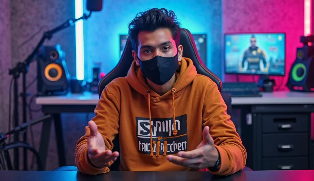 An Indian man sitting confidently on a
modern gaming chair in his YouTube studio. He is wearing a bright brown hoodie with Shaikh With Cricket boldly printed on it. His face is clearly visible and expressive despite wearing a sleek black covID-19 mask. The...