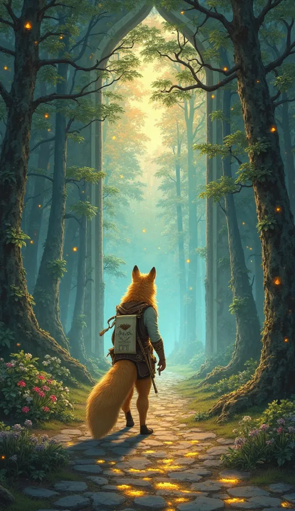 "A golden fox stood before a crystal gate that opened to a vast world of tall, glowing trees. He wore a small bag containing a scroll of magical maps, while a small star-shaped staff hung around his neck. As he stepped out, his footprints left a glowing pa...