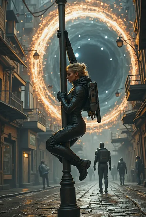  A blond woman,  wearing a space suit , is holding onto a pole on an old street, with a stone floor, while trying, in vain, to hold a dark-haired man, that together with part of the street itself, is being sucked into a black hole containing an accretion d...