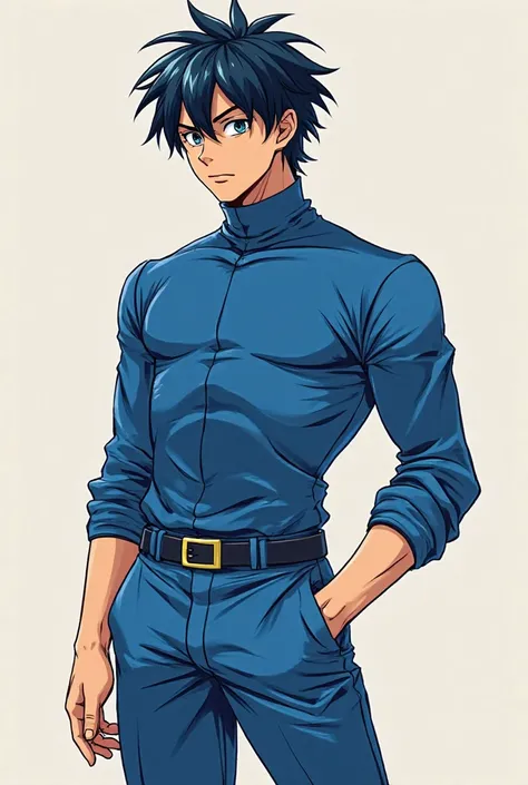 A man who is standing is wearing blue clothes, and wearing a hat, has black hair, and his visual type is anime and is around , and is making various expressions.