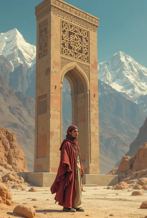 homme arafé debout devant une grande structure avec des montagnes en arrière-plan, une image inspirée par Ahmed Yacoubi, gagnant du concours de la cg society, les nabis, prise au début des années 2020, autour de 1 , photo de profil 1024px, Riyahd Cassiem, ...