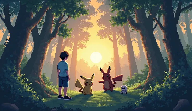 3 Pokemon pixel art in a deep forest with a human with little sunlight coming through the trees looking at each other at sunset