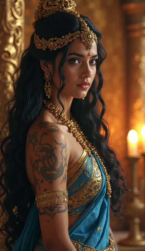 Use write colours and create an ultra HD 4K Quality realistic cinematic style"In the grand royal chamber, golden serpent carvings glow under dim torchlight.

🐍 Rajkumari Vasuki(25 years,Black, wavy hair,Radiant white glow, flawless skin,Mesmerizing eyes, s...