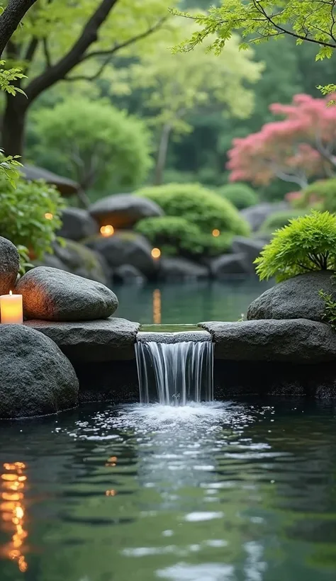 Japanese Zen Garden with a calm atmosphere, a small clear waterfall falls into a clear pond, Around the pond there are fine black stones, shining candles.The background features lush flower garden, creating a calm and calming atmosphere, The lighting is so...