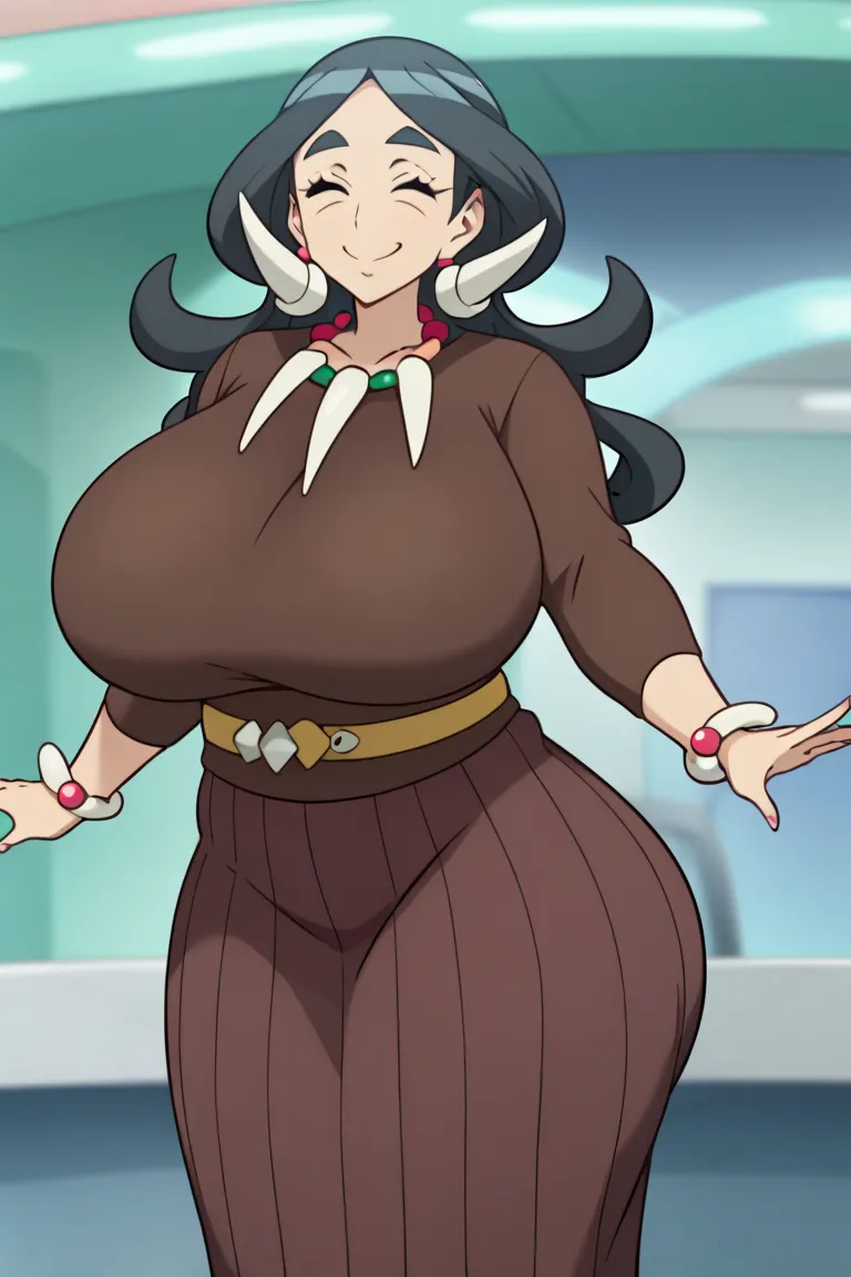 milf,score_9, score_8_ up, score_7_ up,Drasna,eyes closed,black hair,mature woman,necklace,Yellow Belt, Vertical striped skirt, Brown shirt, Long Sleeve,thick eyebrows,solo,alone,smile,Big Breasts ,big ass,whole body,(huge juicy breasts:1.2),looking at vie...