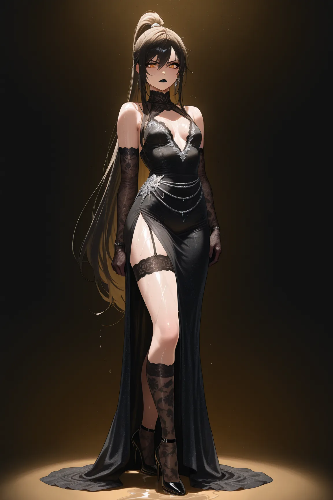 Female, wet Black long hair tied in a tight ponytail, serious look, orange-yellow eyes, black lipstick, silver jewelry, Black ornate dress, long cut-out skirt, High heels, Lace stockings, long lace gloves, shine body, the background is a medieval black bed...