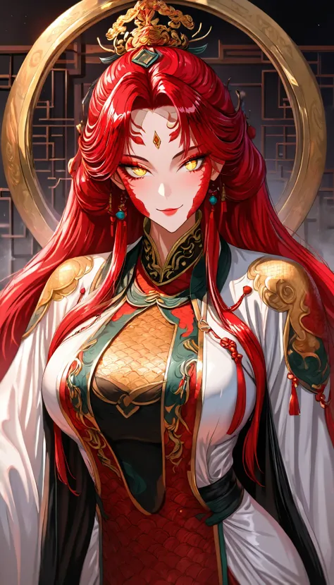 A Red hair Female(Red snake scales on her cheeks), Perfect body, (Golden eyes with Snake pupils), (Wearing A White Taoist robe:1.7)(Red Snake scale pattern), Open pose, seductive smile,In a Chinese palace, UHD, SOLO, anatomically correct, masterpiece, text...