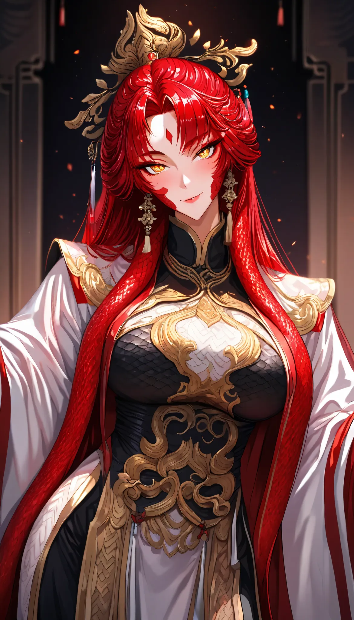 A Red hair Female(Red snake scales on her cheeks), Perfect body, (Golden eyes with Snake pupils), (Wearing A White Taoist robe:1.7)(Red Snake scale pattern), Open pose, seductive smile,In a Chinese palace, UHD, SOLO, anatomically correct, masterpiece, text...